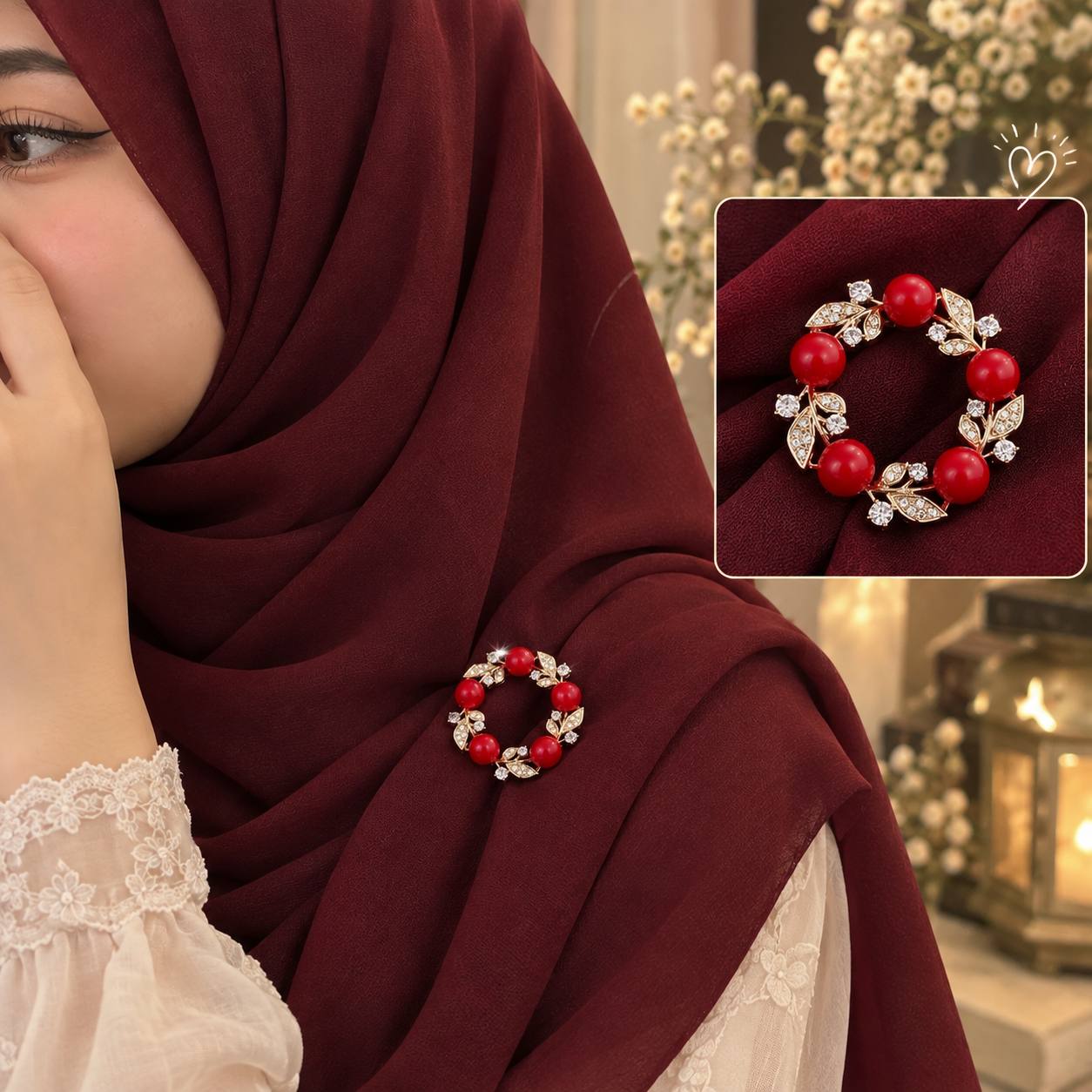 RED PEARL ROUND BROOCH(JB07)